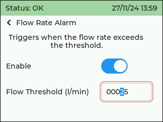 Screenshot of Flow Rate Alarm settings - spinbox in editing mode